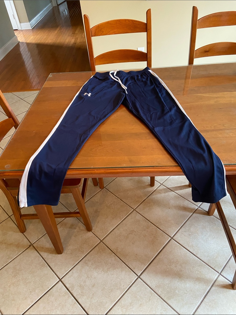 Under Armour Navy Blue Men's Track Pants with White Side Stripes, Ankle Zipper
